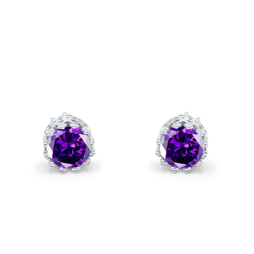 Wedding Engagement Bridal Stud Earrings Round Simulated Amethyst CZ 925 Sterling Silver